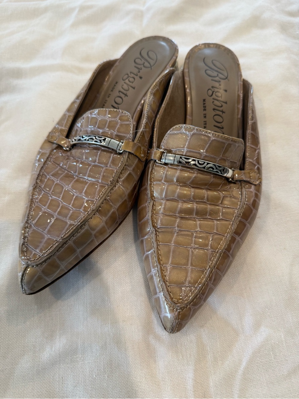 Brighton Beige Croc-Embossed Pointed Mule Flats